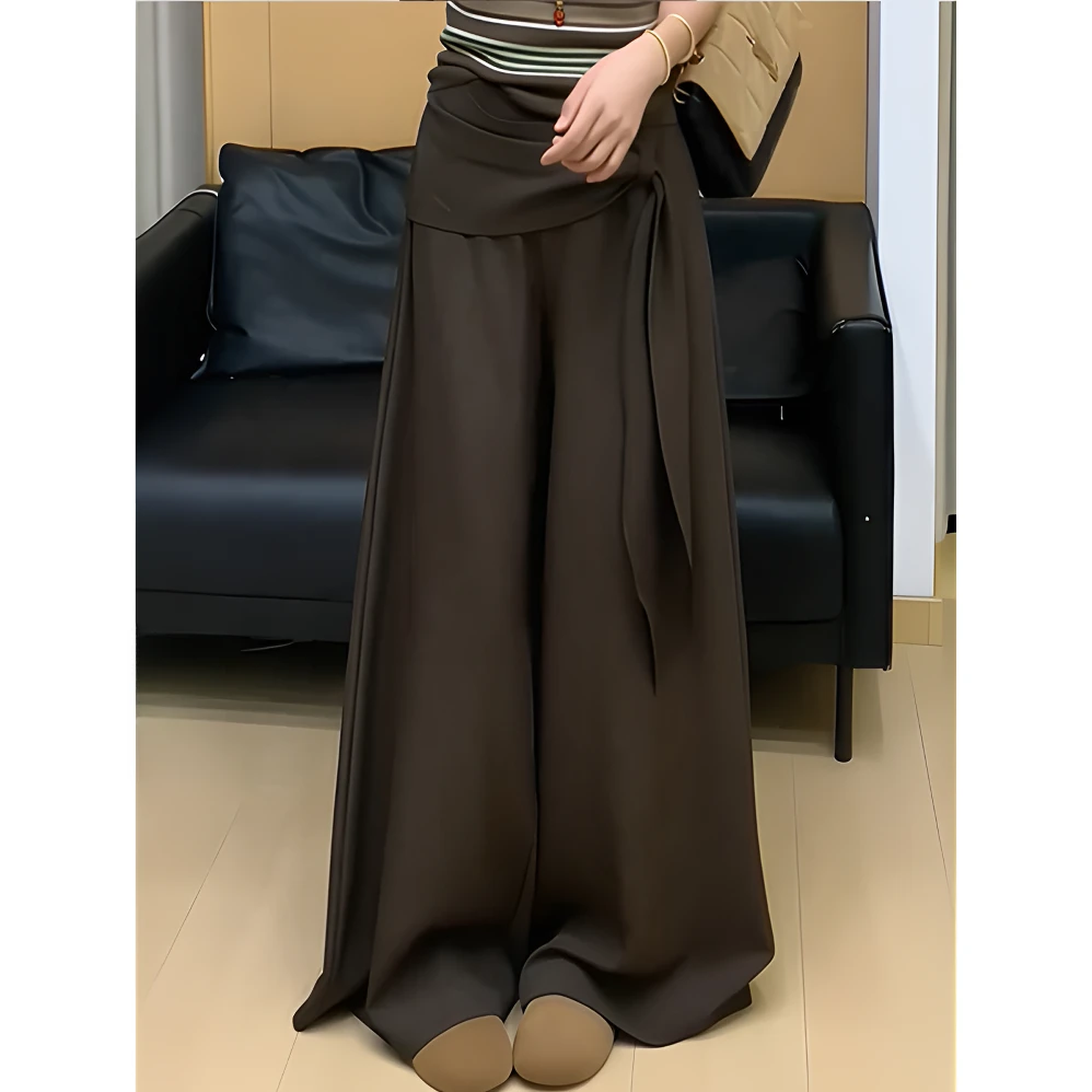 美式复古辣妹咖色阔腿裤女早秋新款高腰遮胯宽松显瘦拖地长裤