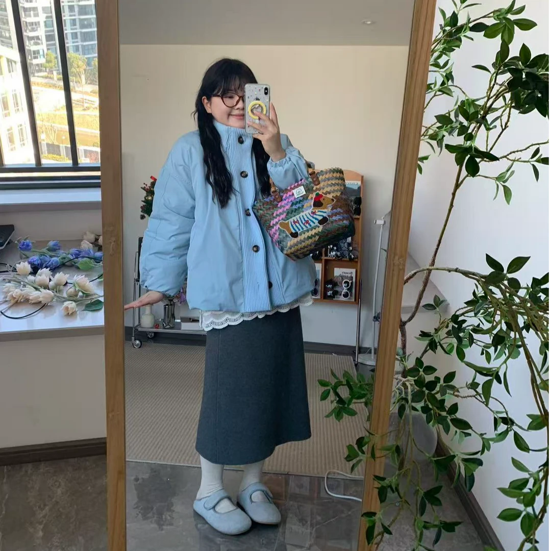 【鱼白又白】针织拼接蓝色服女冬季2025短款小个子立领多巴胺