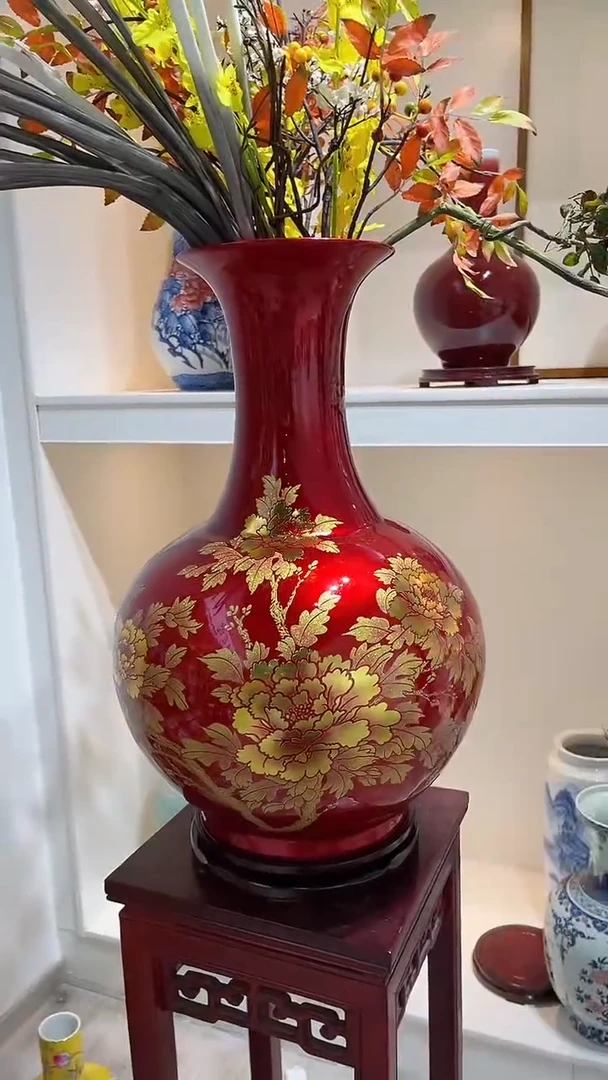 摆件陶瓷花瓶牡丹红大号