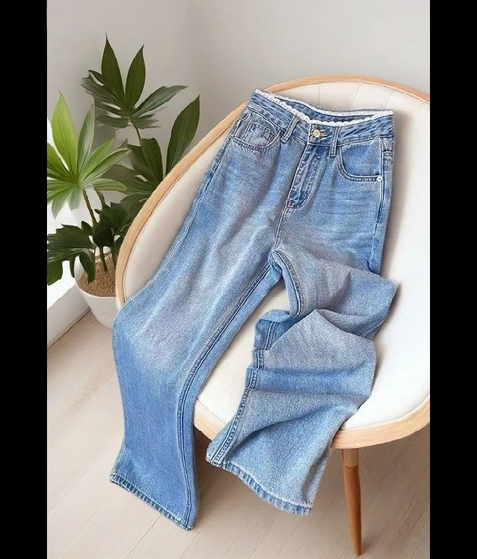 蕾丝拼接牛仔裤女春季新款水洗设计感 拖地阔腿宽松直筒裤子