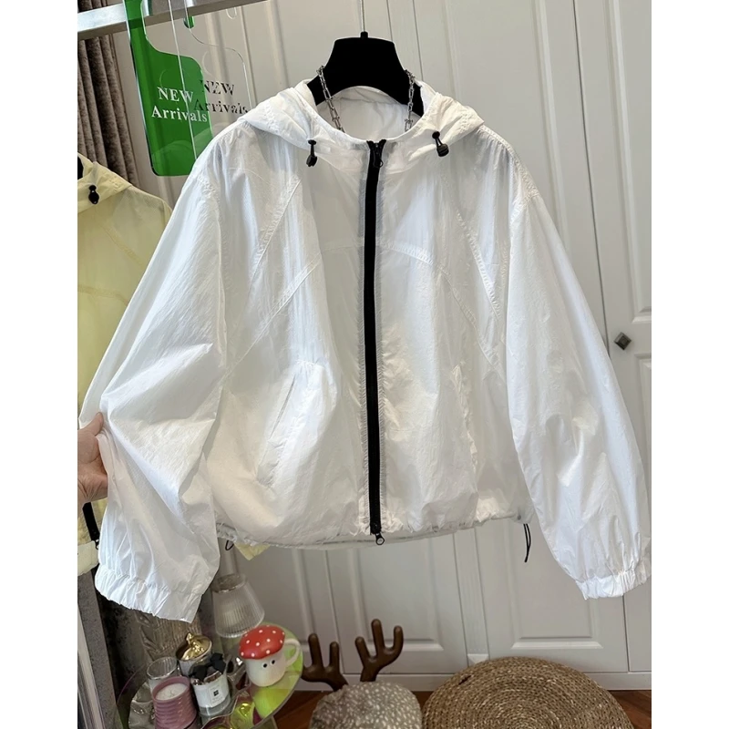 欧洲站连帽撞色抽绳长袖时尚防晒服女外套宽松百搭轻薄上衣夏季款