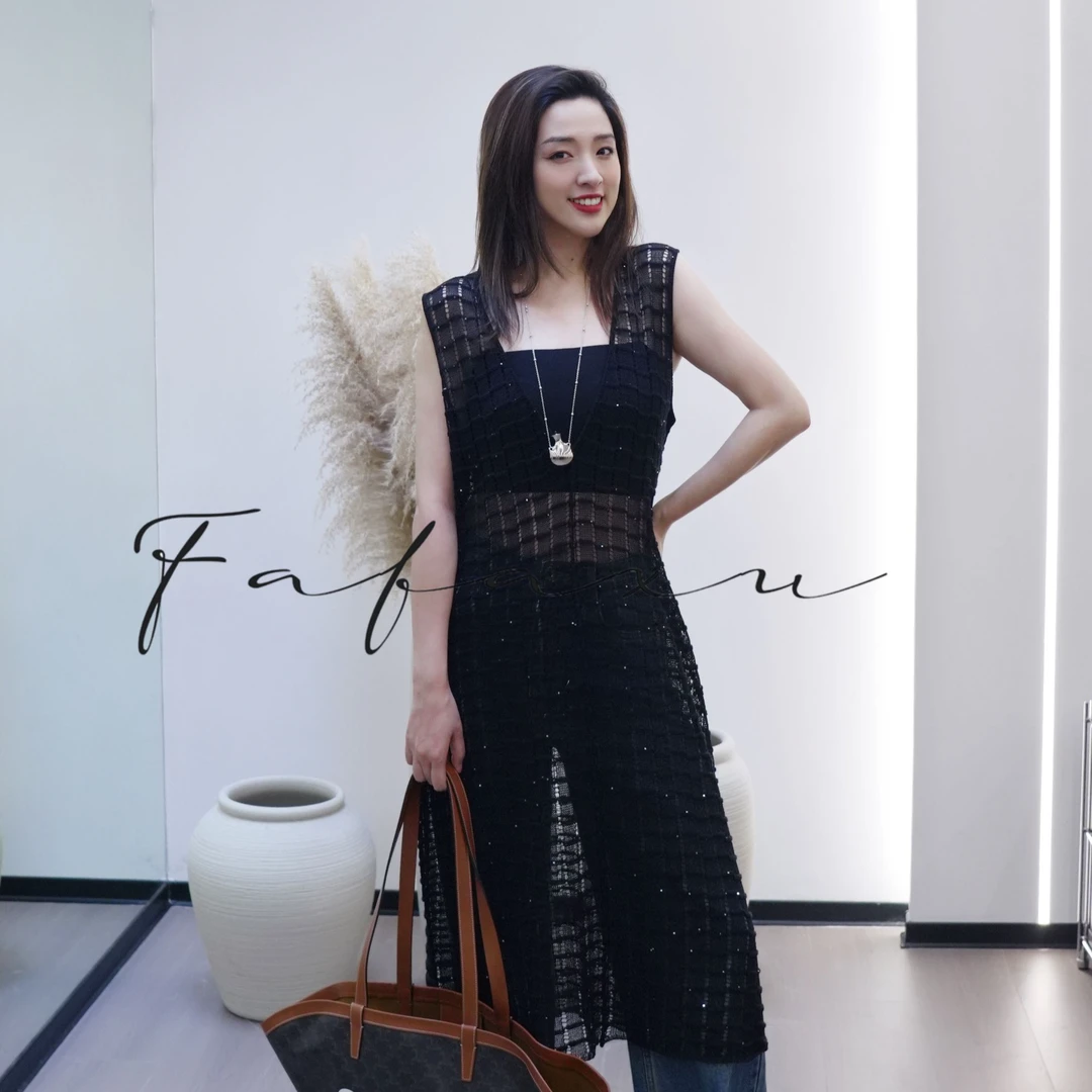 【EM】性感针织镂空气质黑色连衣裙长版女装裙子无袖显瘦夏季时尚