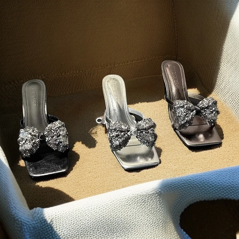 2025夏季新款小众设计高级蝴蝶结时尚百搭舒适高跟凉拖鞋方头法式