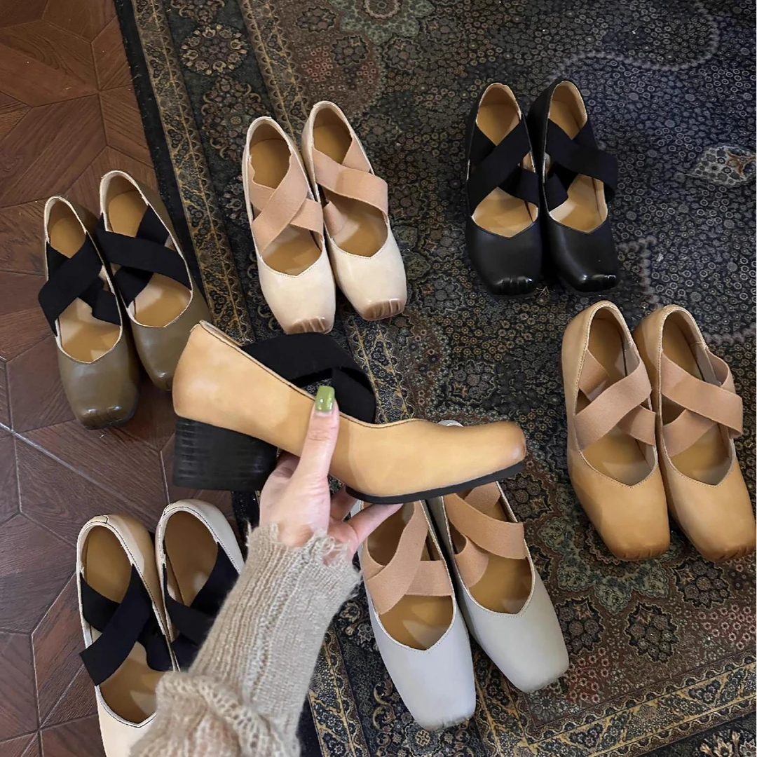 暮四牛皮版~2025新款方头浅口芭蕾鞋真皮复古做旧猪鼻子粗跟单鞋2