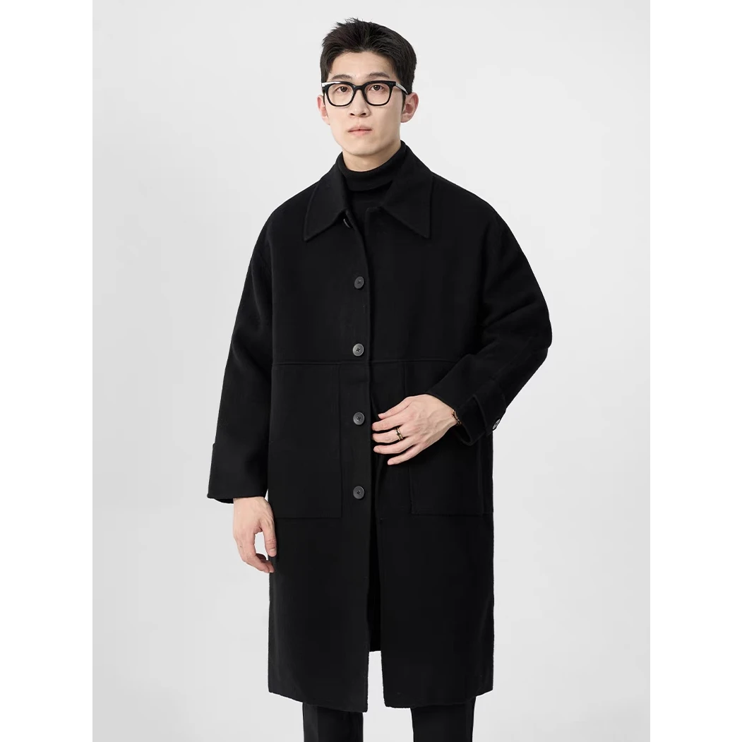 男士秋冬全羊毛双面呢大衣时尚百搭翻领有型呢子外套中长款冬季