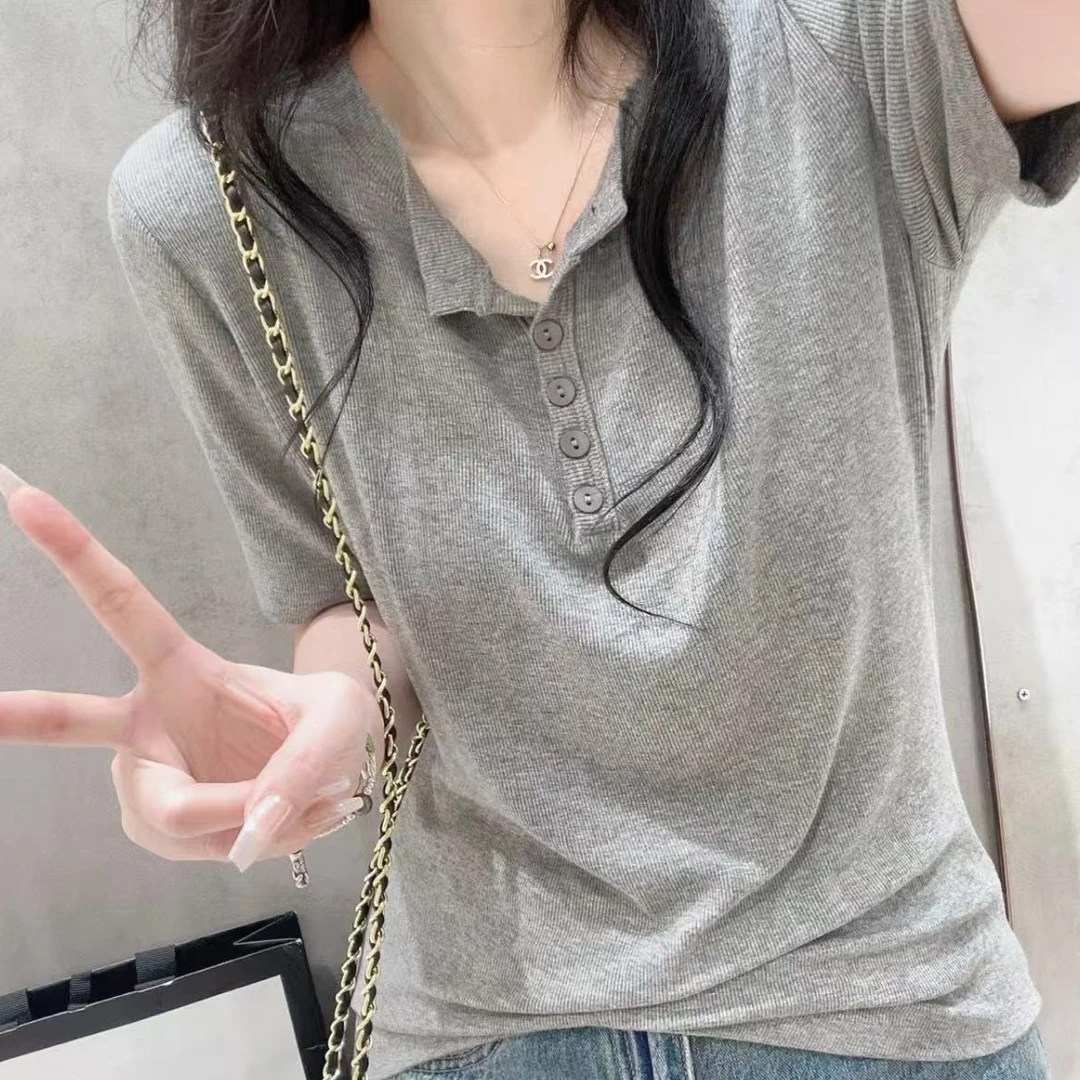 【亨利衫2.0】冰感纽扣两穿v圆领短袖2025夏季螺纹棉显瘦设计感T恤