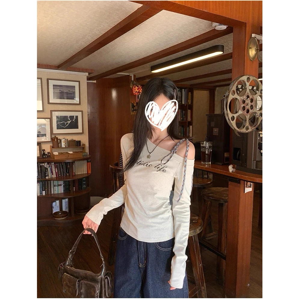 花灰斜肩格子绑带内搭t恤女秋季字母印花新款修身长袖上衣