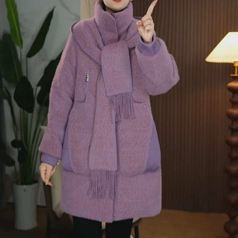 C127【羽绒服】2025冬季新款时尚围巾连帽高端保暖宽松休闲羽绒服