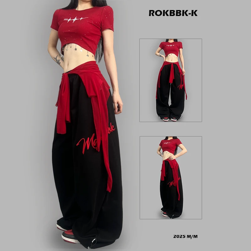 ROKBBK-K布韩街舞潮牌夏季运动裤女黑色刺绣宽松休闲嘻哈爵士舞
