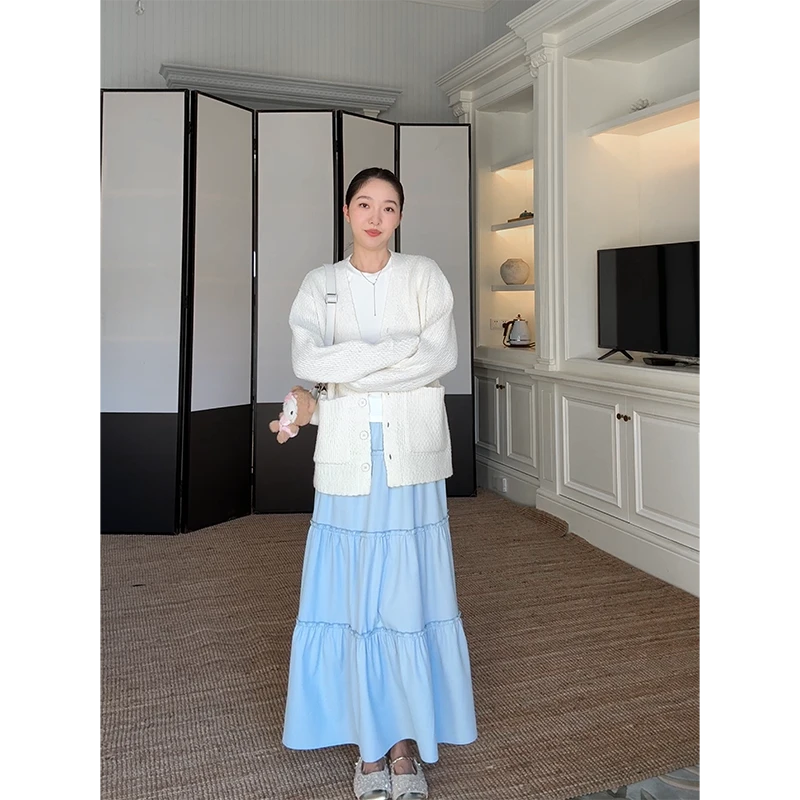 郭九九呢 羊毛v领简约宽松显瘦针织毛衣开衫蛋糕半身裙G925A11878