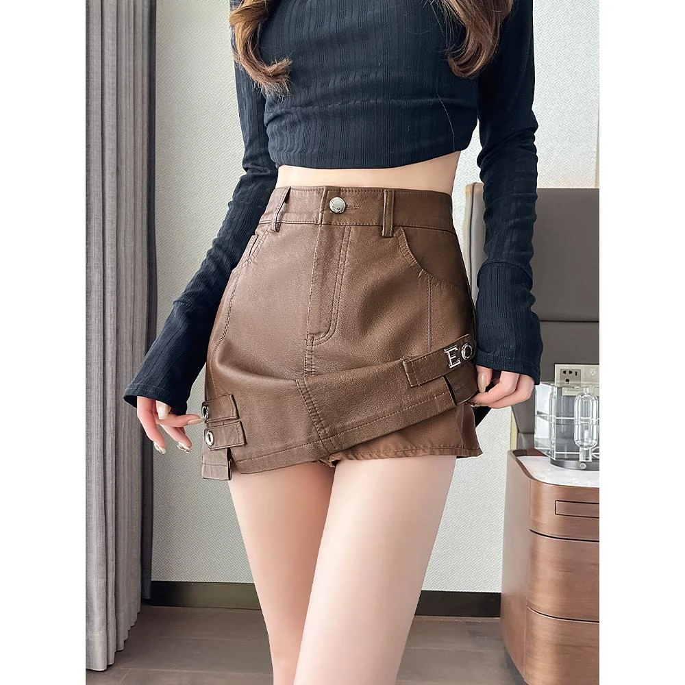 咖色防走光西装短裙PU皮哑光工装半身裙女秋冬新款高腰a字小个子