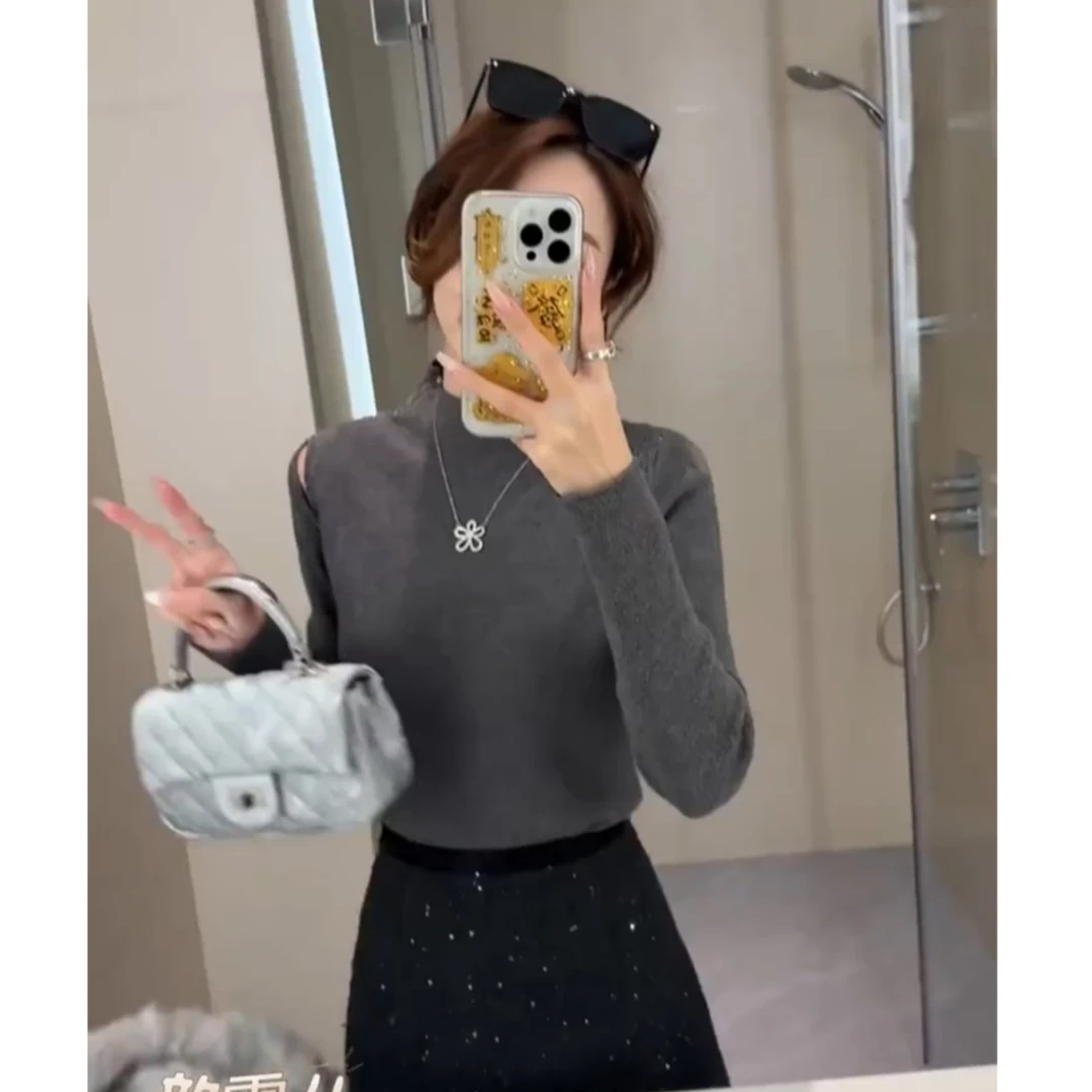 春秋装半高领烫钻镂空高级感针织毛衣女显瘦软糯单穿长袖洋气毛衣