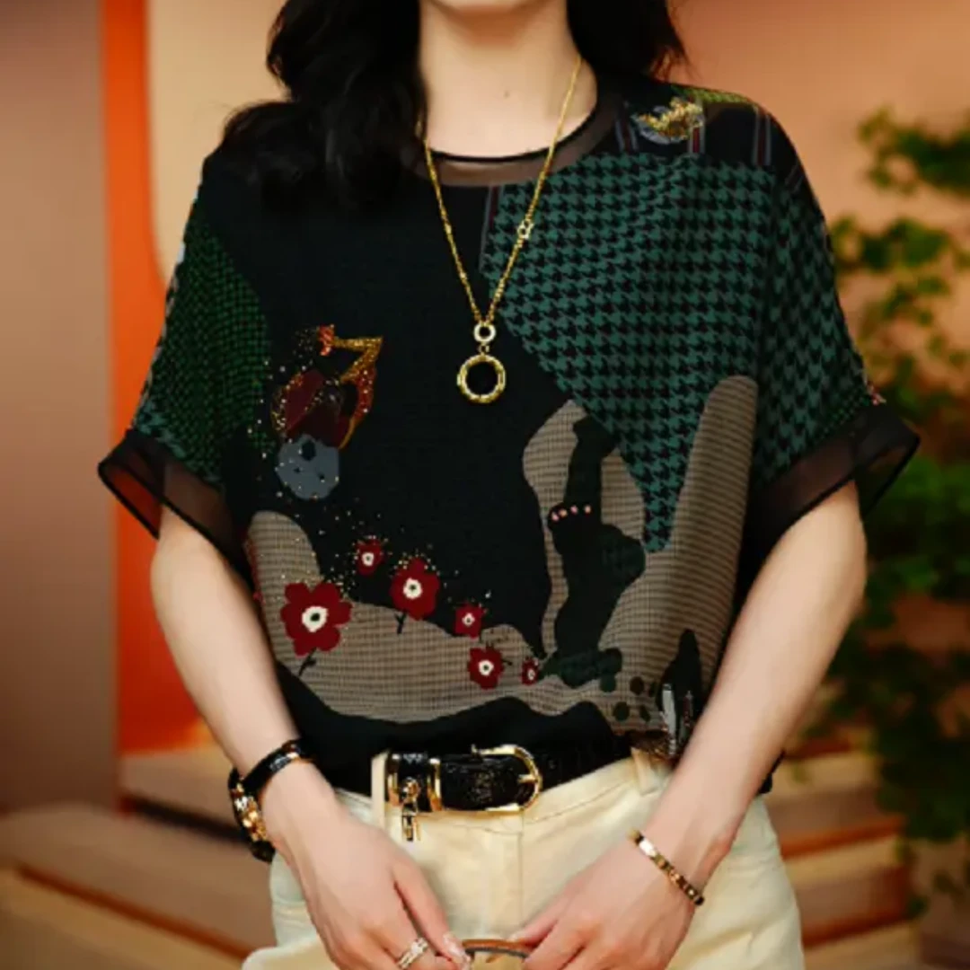 新款琉璃双绉洋气时尚印花小衫圆领印花气质百搭显瘦套头短袖上衣