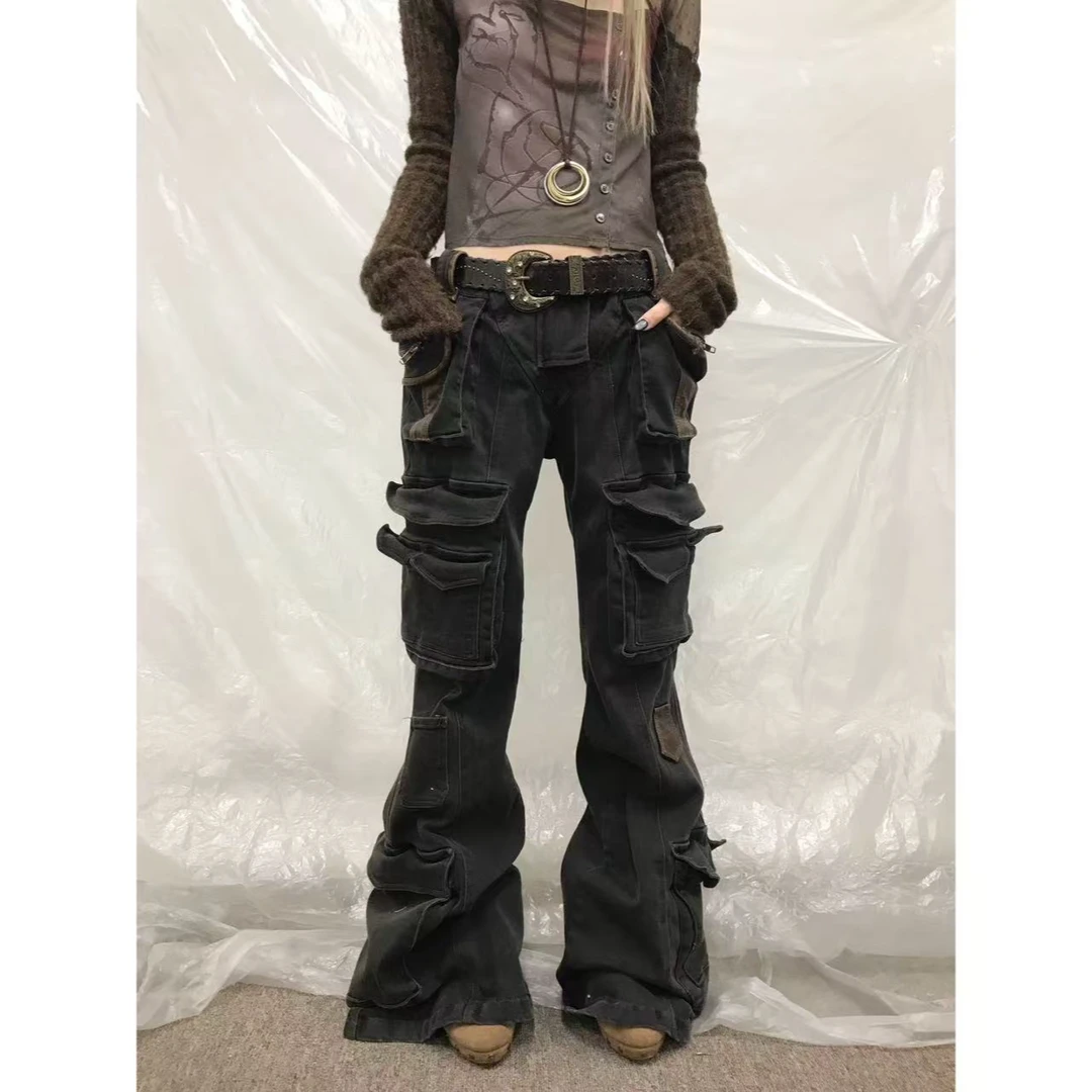 千禧感美拉德辣妹微喇拼皮牛仔裤