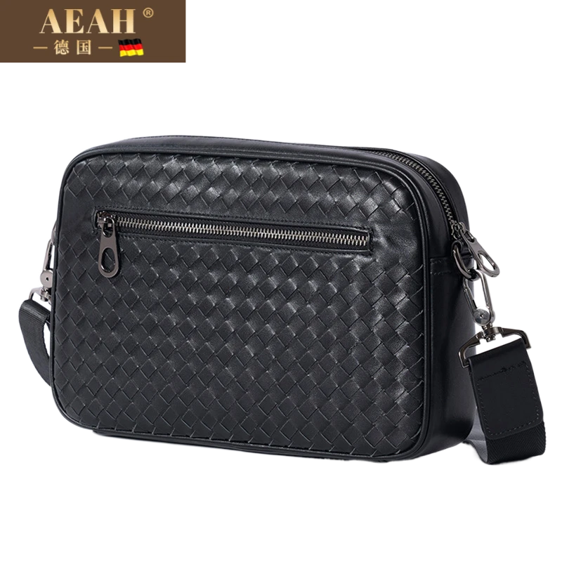 AEAH百搭春夏男士斜挎包头层牛皮编织时尚男包休闲单肩手拿包一包