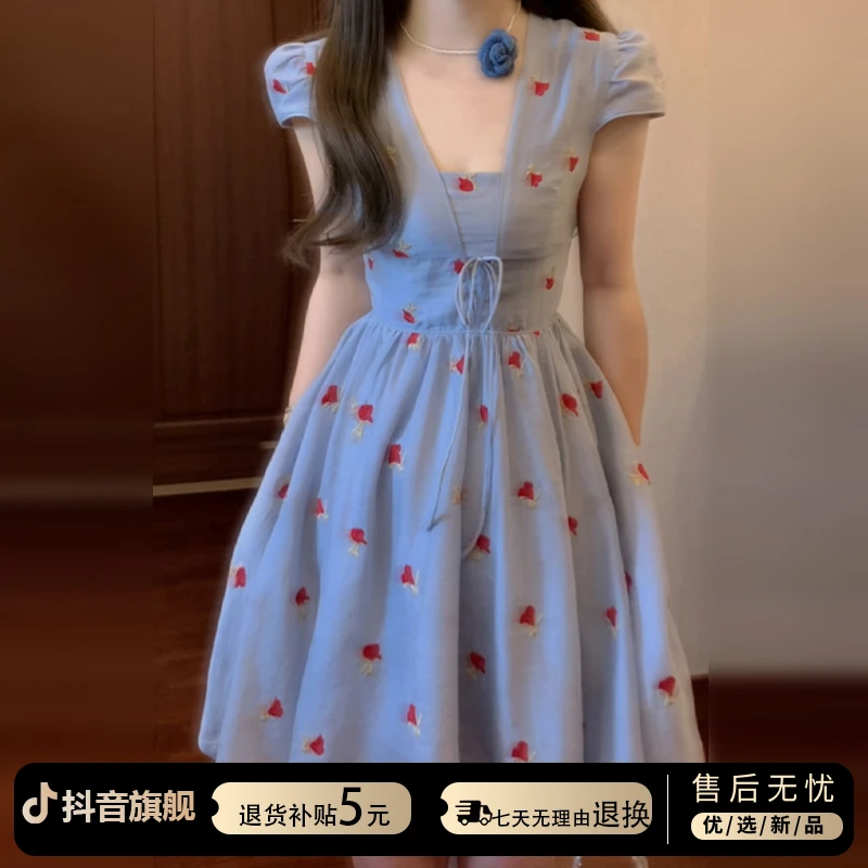 蓝色法式气质方领碎花连衣裙子女夏季2025新款显瘦小个子a字短裙