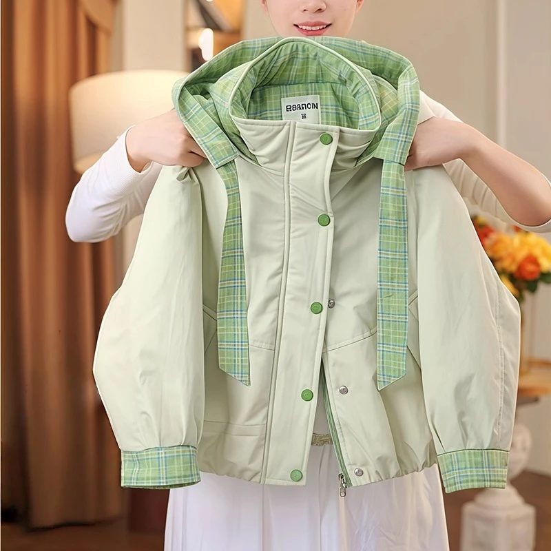 女童加绒棉服秋冬2025新款格子拼接连帽加厚冲锋衣防水棉袄保暖潮