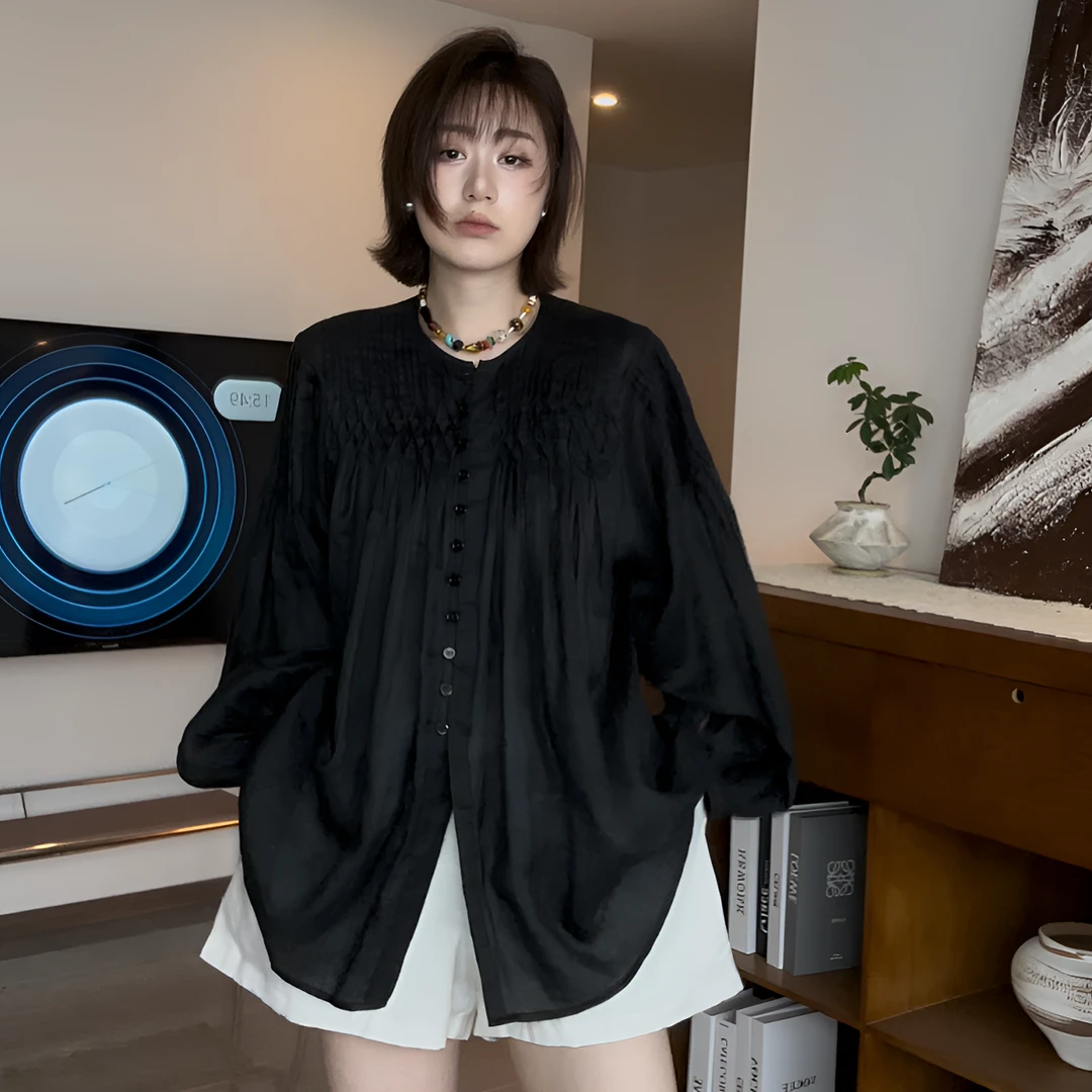 【迎时】新款韩版宽松高级重工打揽衬衣 25CY002