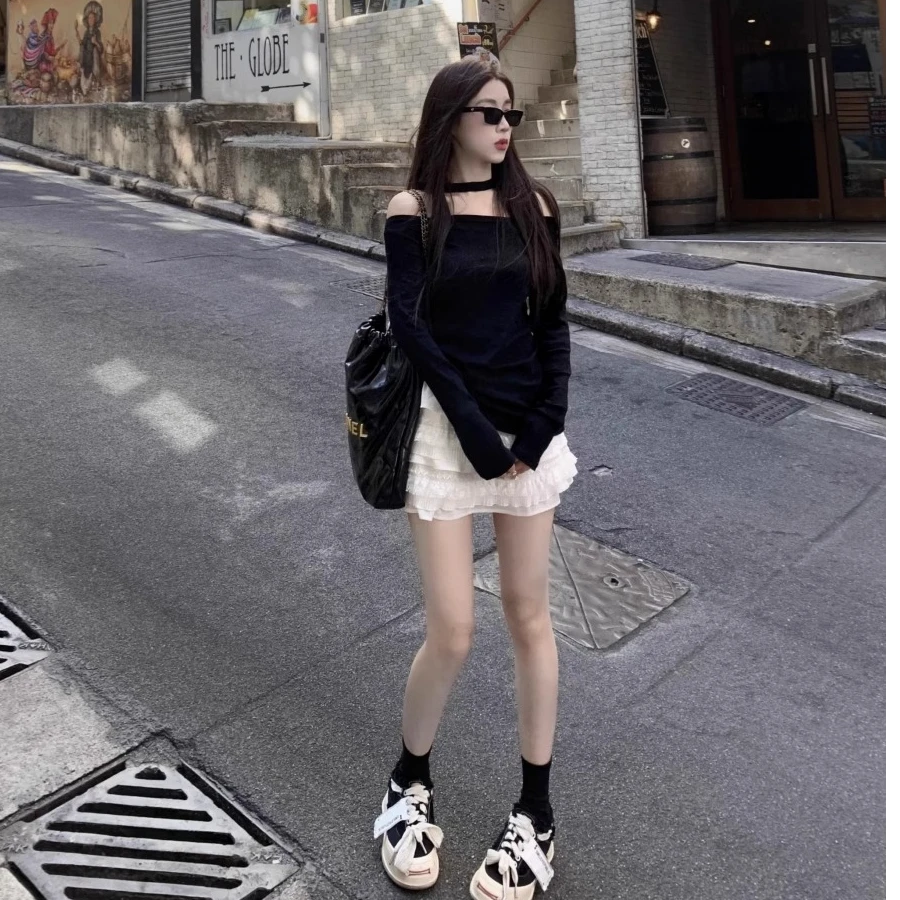 早秋搭配一整套韩系休闲风一字肩设计感长袖上衣高腰修身短裙套装