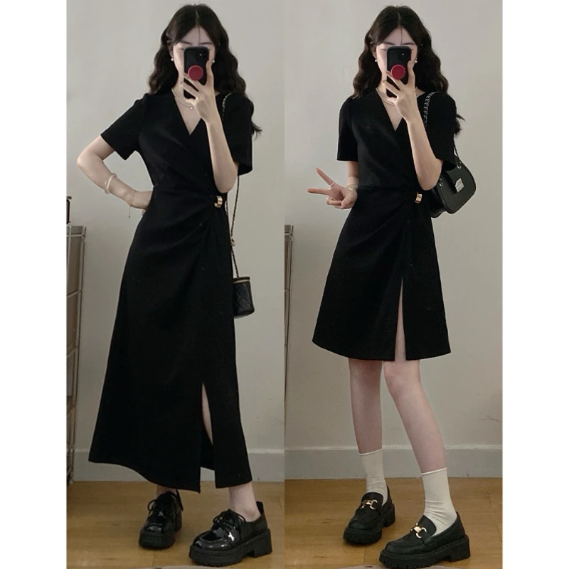 大码女装夏季胖mm法式v领扭结气质金扣收腰侧边开叉设计感连衣裙