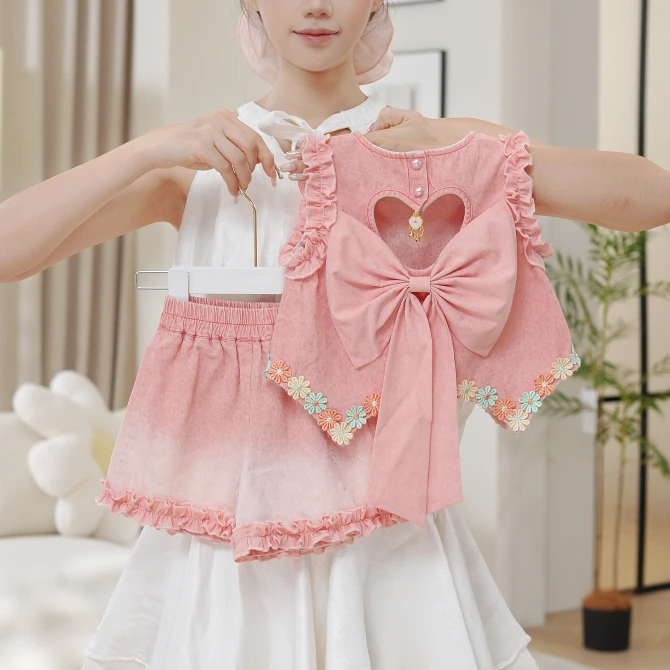 2025夏季新款女童高级粉爱心镂空蝴蝶结上衣裤子两件套SA30450