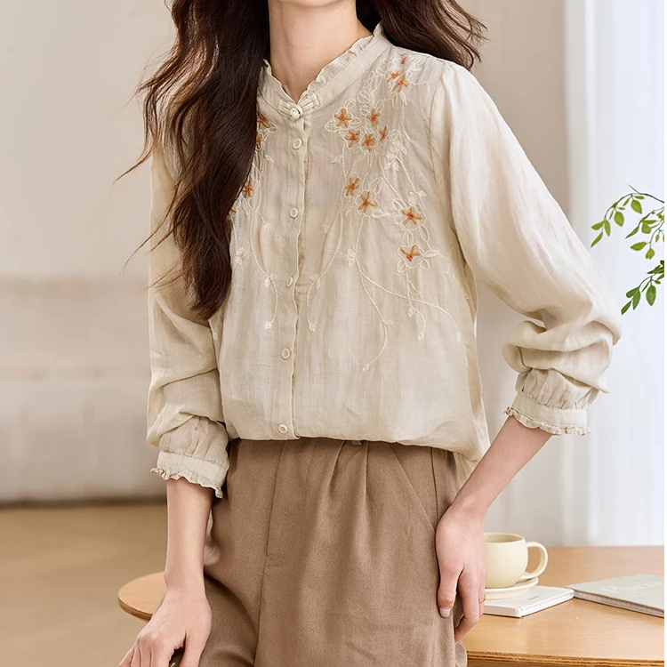 Mandsibil曼德西比利国风盘扣刺绣花边领苎麻衬衫女装2025新款
