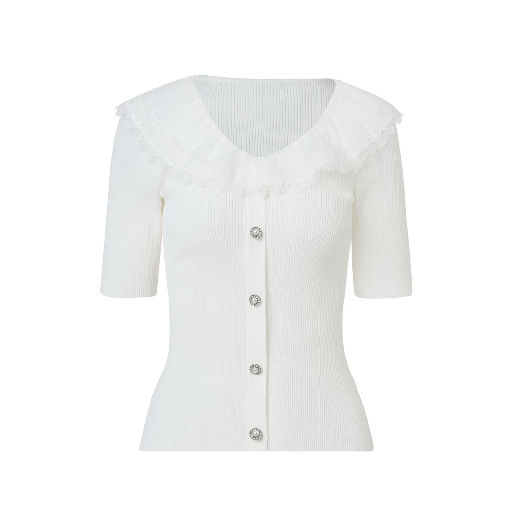 MAXRIENY2025年春夏新款针织衫宫廷蕾丝亮片显瘦上衣法式白色