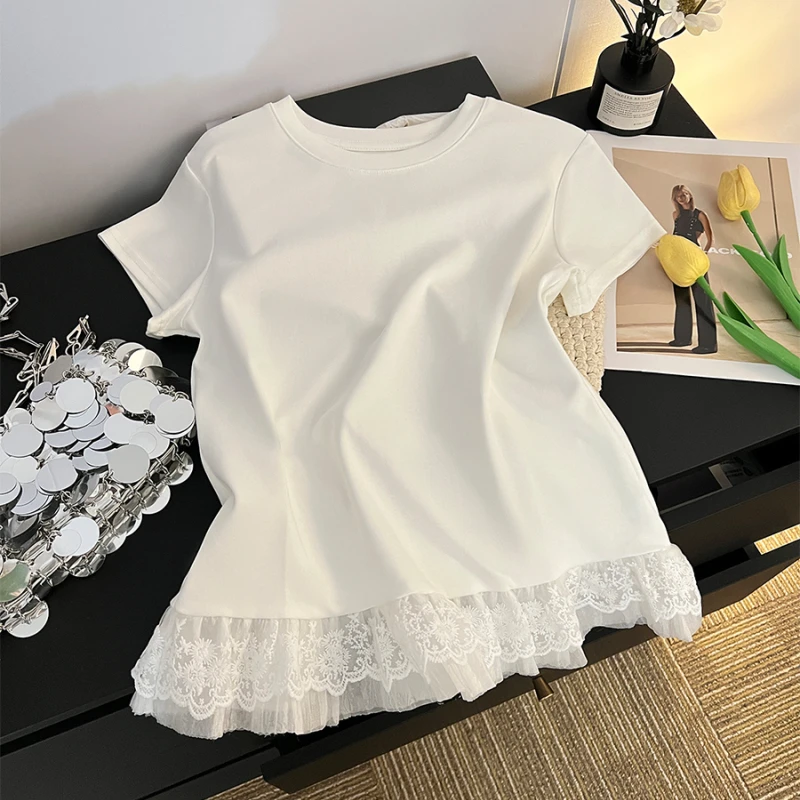 韩系设计感拼接蕾丝花边短袖t恤芭蕾bm风薄款大码正肩圆领小上衣