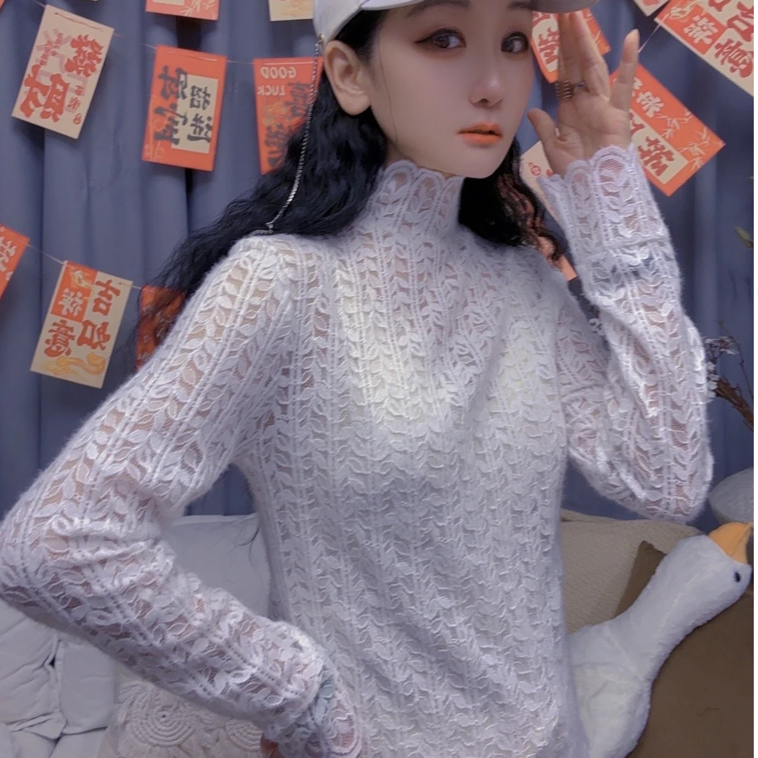M44A015慕之淇半高领蕾丝高级感打底衫纱衣