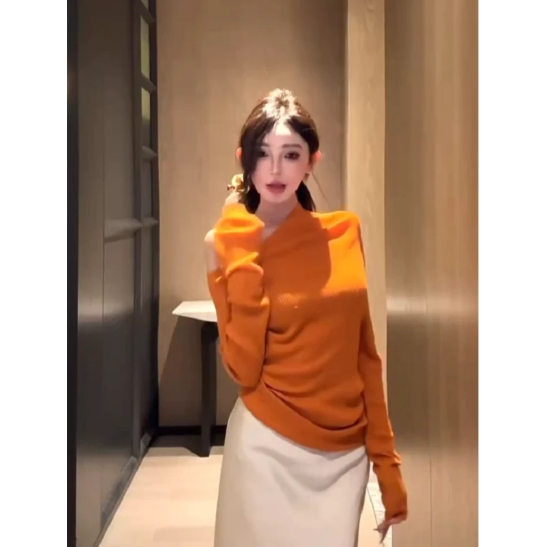 轻熟风性感一字领修身显瘦长袖针织衫春季宽松百搭纯色斜肩上衣女