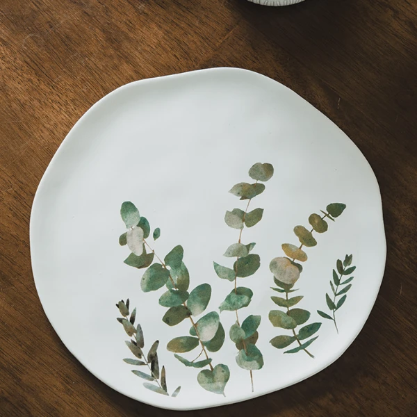 轻奢手绘绿叶陶瓷盘西餐牛排意面盘拍照必出片餐具家用高颜值菜盘