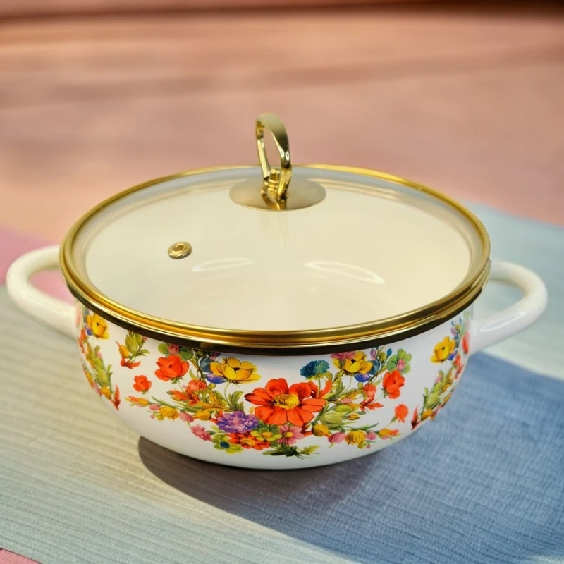 新疆包邮 24cm白缤纷拉面盆 家用搪瓷玻璃盖双耳好看合适都用