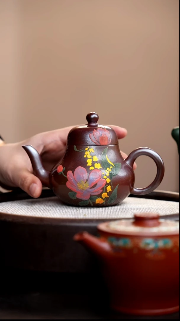 茶壶紫砂柴烧朱泥思婷泥绘花