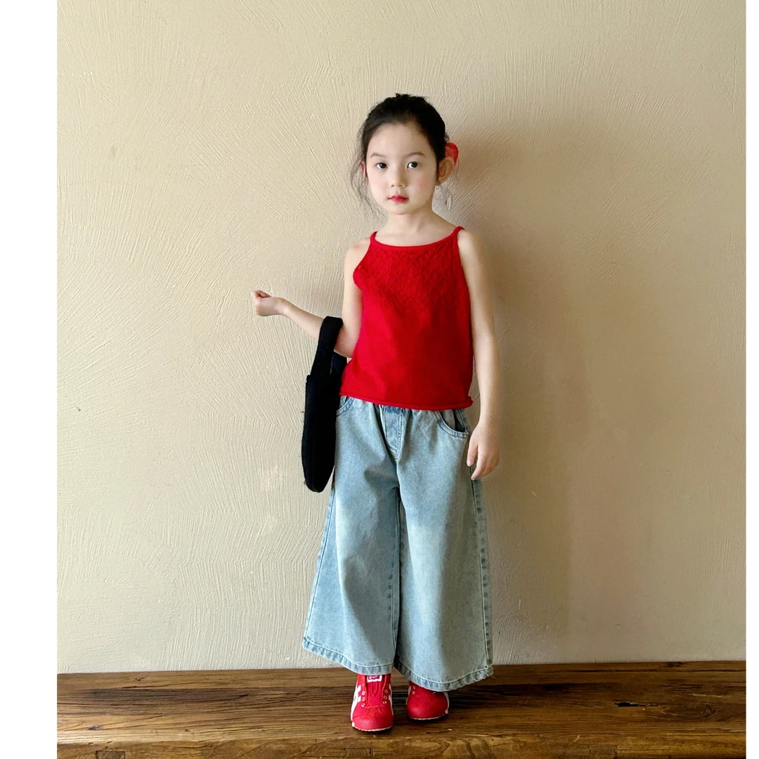 2025春夏新款 女童洋气格子衬衫+薄款针织背心+时髦牛仔裤三件套