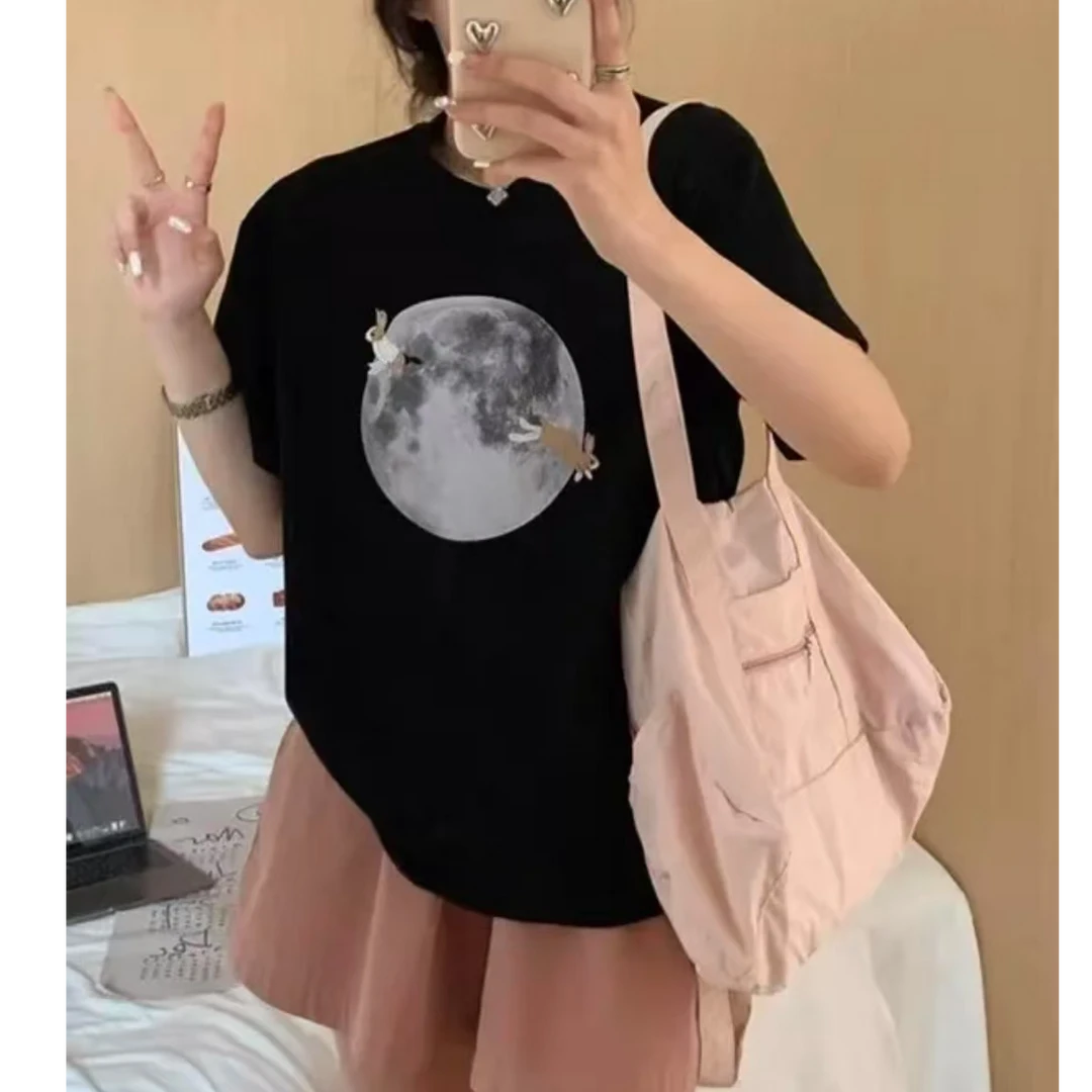 AMAZCOOL 刺绣小兔月亮印花圆领宽松短袖5864