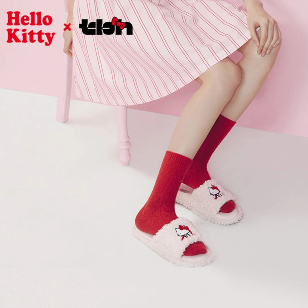 tbh/野兽派家居三丽鸥Hello Kitty毛绒刺绣女款粉色拖鞋室内防滑