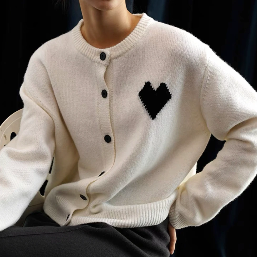 冬季新款撞色爱心提花保暖温柔针织衫开衫毛衣