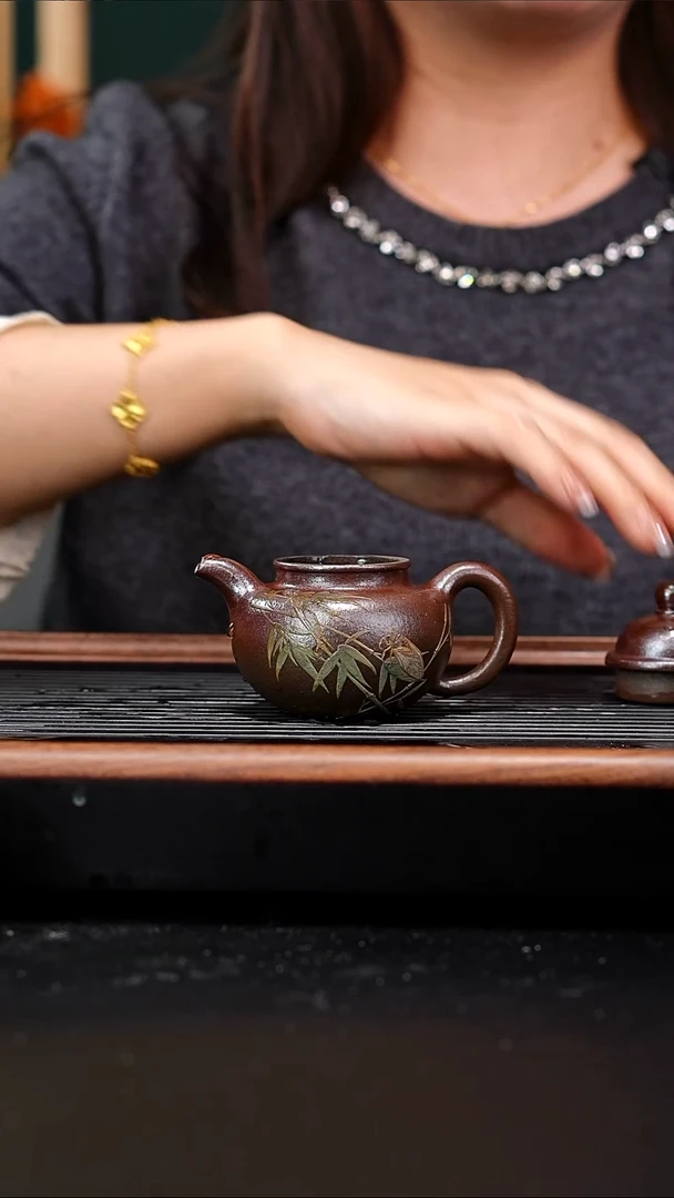 茶壶紫砂柴烧掇球泥绘100cc