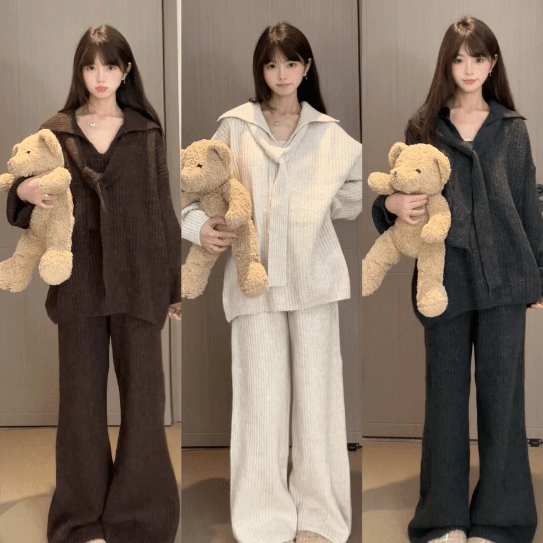 孕妇慵懒松弛POLO领结毛衣阔腿裤套装时尚洋气减龄显瘦遮肉两件套