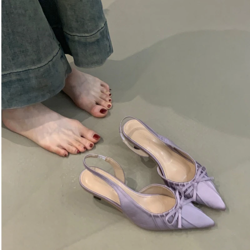 NQL-2998-11法式高跟鞋2025气质绸缎蝴蝶结尖头浅口细跟包头凉鞋