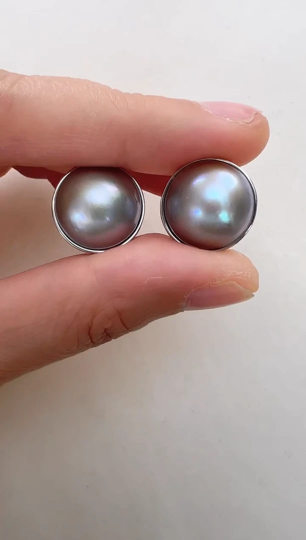 【闪购商品】拼合珍珠（马贝珠）耳饰合金灰色光板