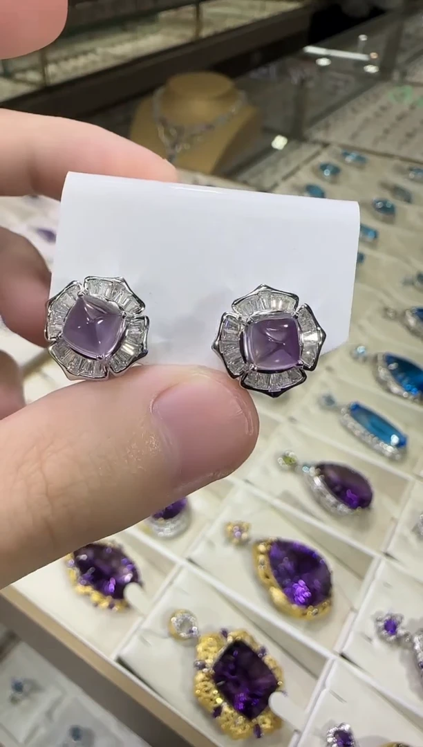 银S925镶嵌耳饰紫晶13mm耳钉天天