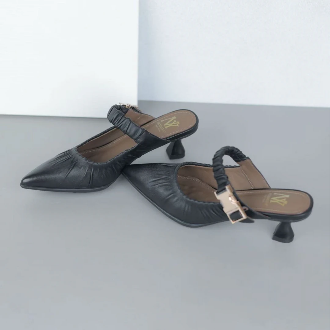 （跟高5cm）舒适细跟夏季法式高跟纯色包头春夏包头拖