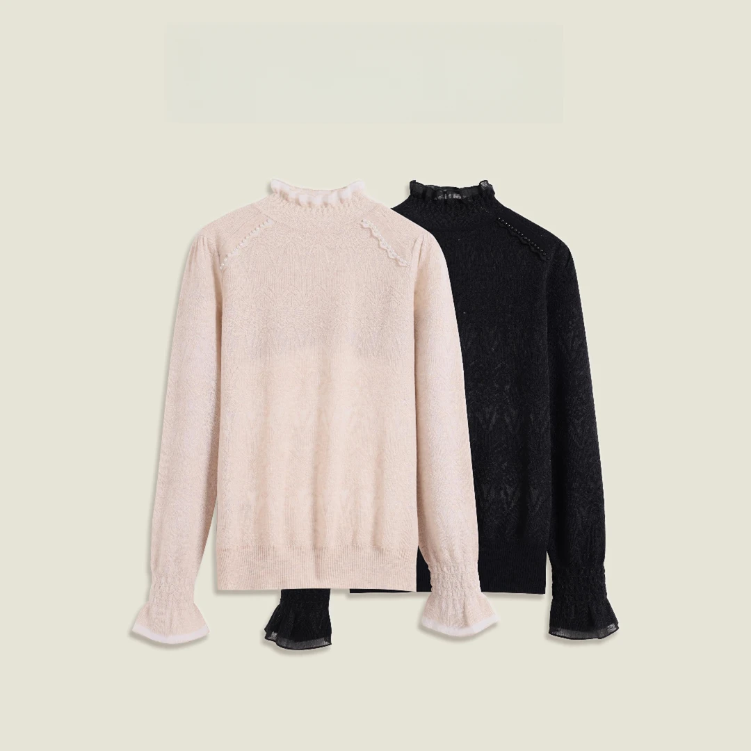 秋冬新款时髦蕾丝半高领打底衫女装上衣OK01097