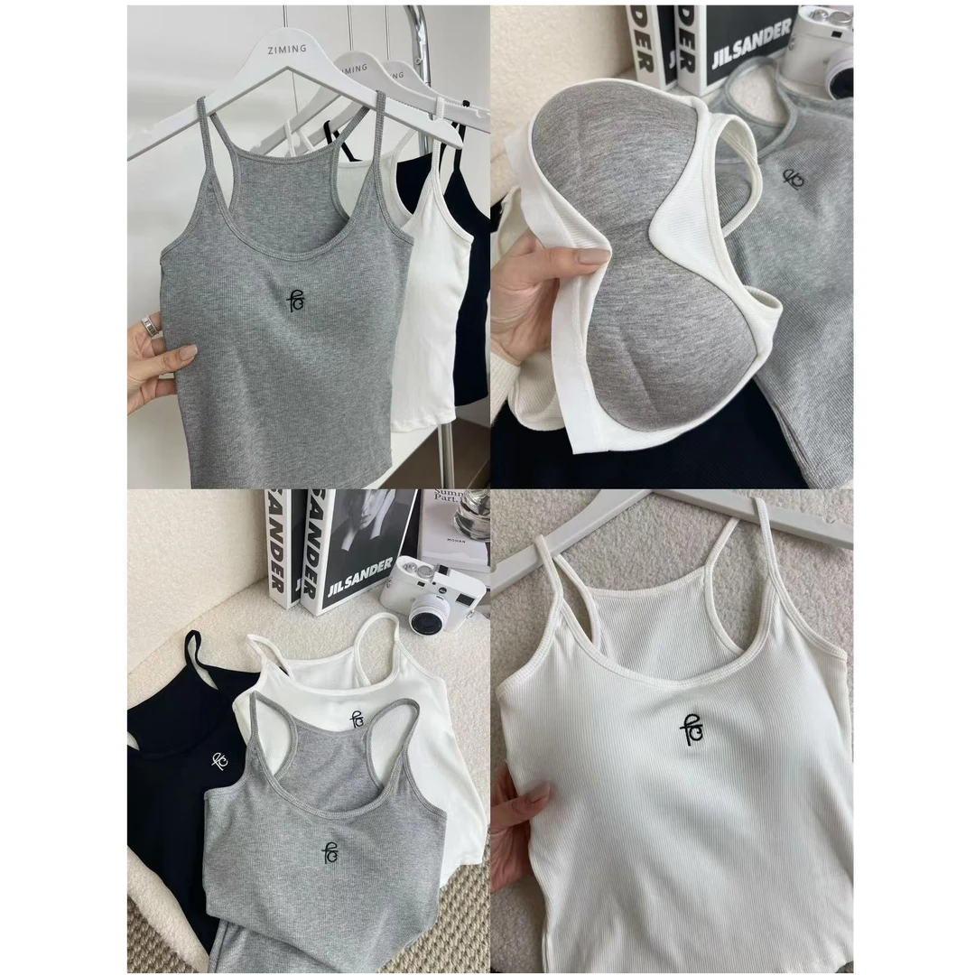 【梓铭】8690~纯欲风~胸垫一体美式吊带带胸垫遮副乳刺绣背心女