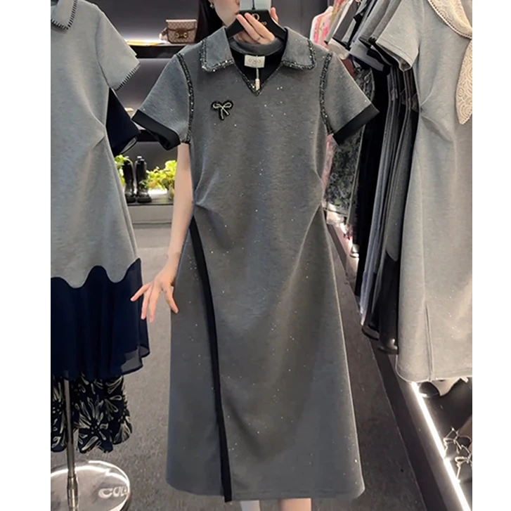 设计感重工烫钻短袖连衣裙女2025夏季新款韩版时尚收腰显瘦A字裙