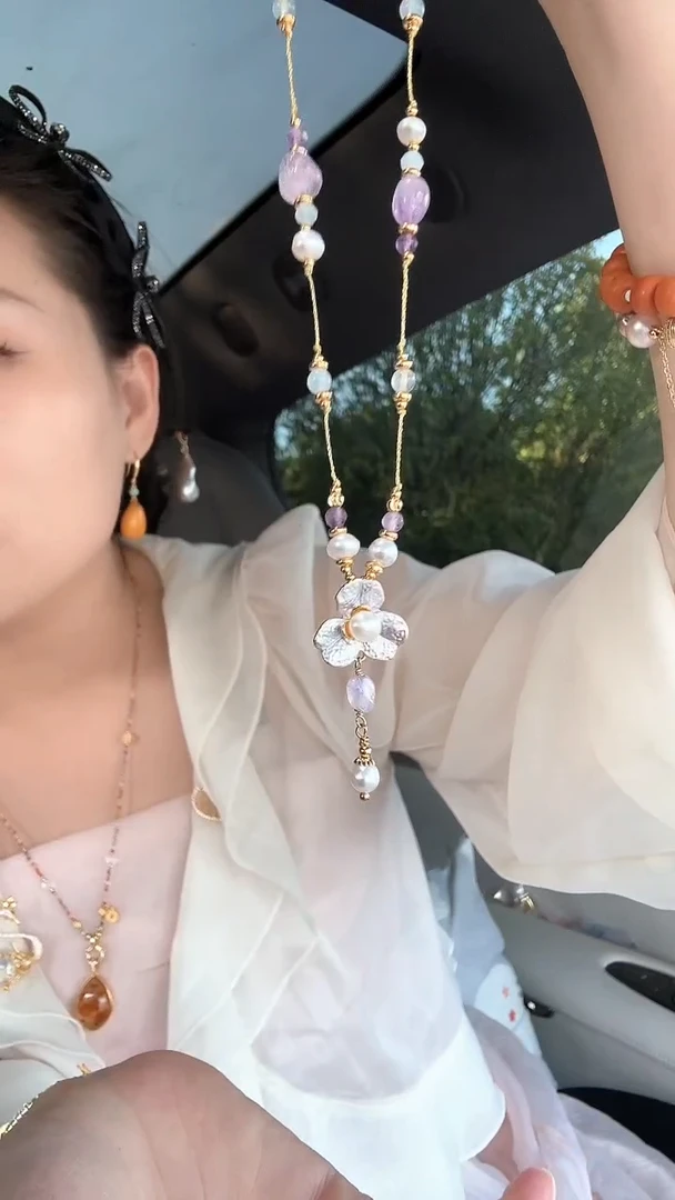 项链合金淡水珍珠紫色小花项链