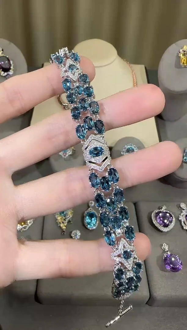 银S925镶嵌托帕石手链11mm伦敦蓝手链高级款