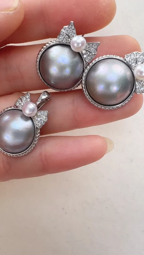 【闪购商品】拼合珍珠（马贝珠）耳饰银S925镶嵌灰色在逃套装