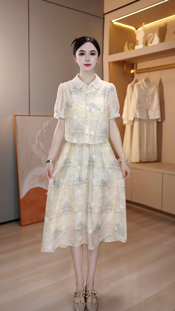 裙角秀/A202-1#气质中国风假两件连衣裙娃娃领减龄显瘦遮肉中长裙